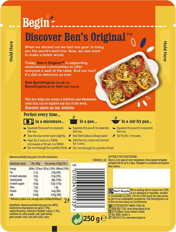 BEN S ORIGINAL Mushroom Microwave Rice, Bulk Multipack 6 x 250g pouches For Sale