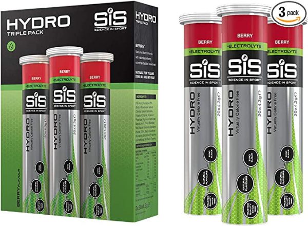 Science In Sport Hydro Hydration Tablet Gluten-Free, Zero Sugar Berry Flavour Plus Electrolytes 20 Effervescent Tablets per Bottle (3 Bottles) Supply