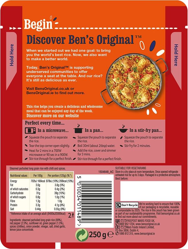 BEN S ORIGINAL Peri Peri Microwave Rice, Bulk Multipack 6x250g pouches Supply